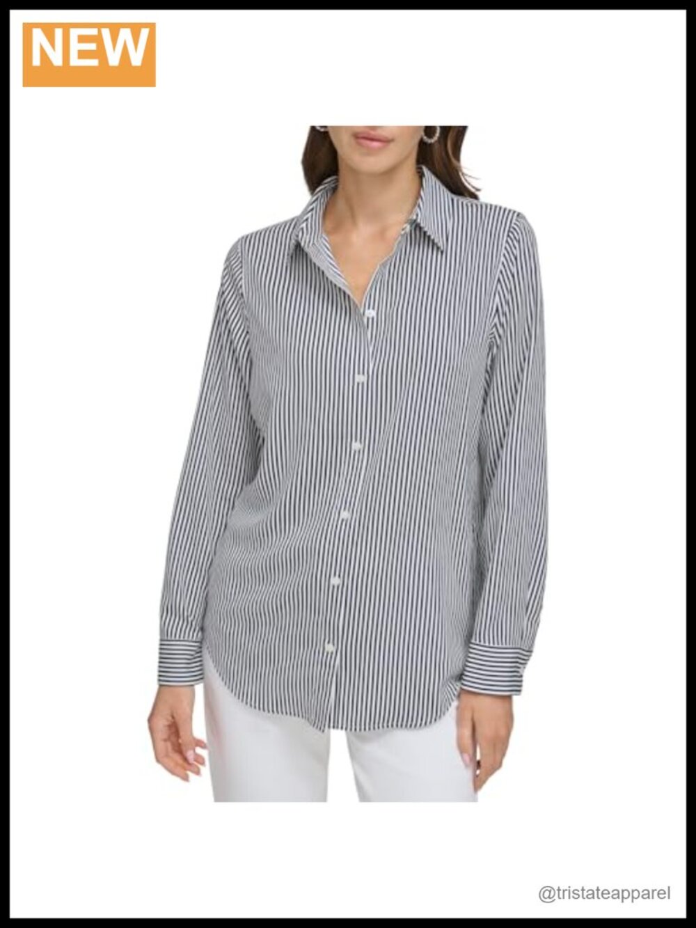 DKNY Women's Woven Long Sleeve Striped Printed Button Down Shirt